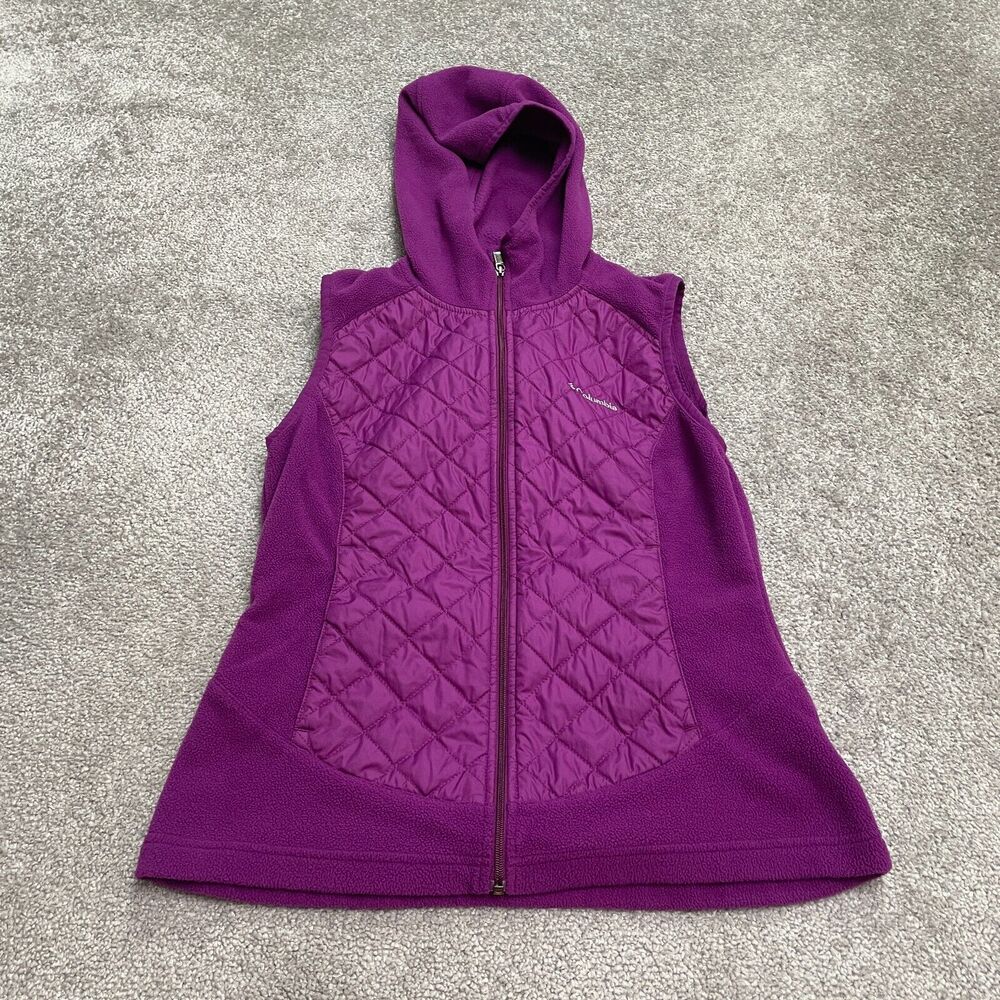 Columbia Thermal Coil Hooded Vest Women Small Purple Full Zip Quilted Outdoor